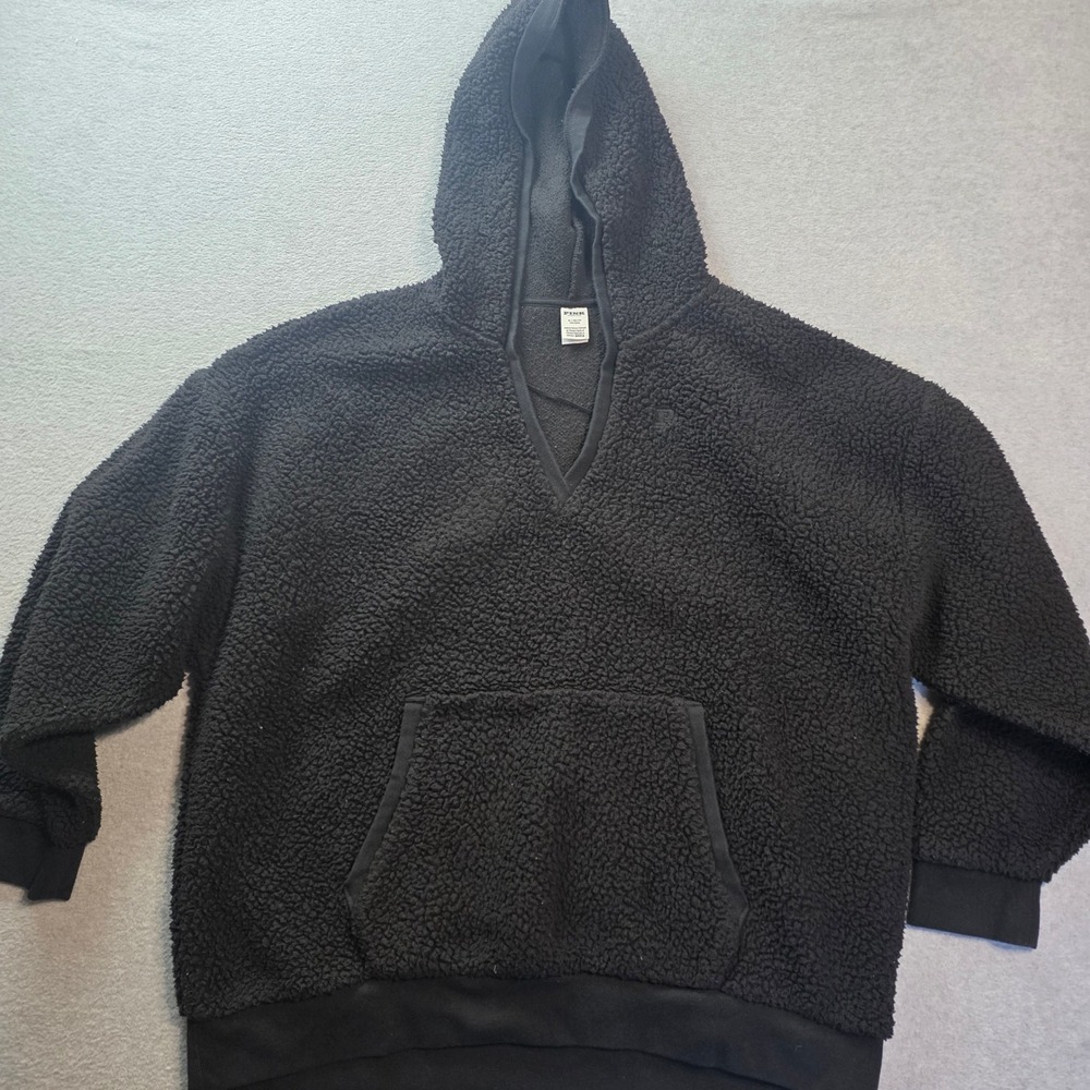 Victoria's Secret PINK Fleece Pullover Hoodie Womens XL Black Sherpa Teddy Fuzzy